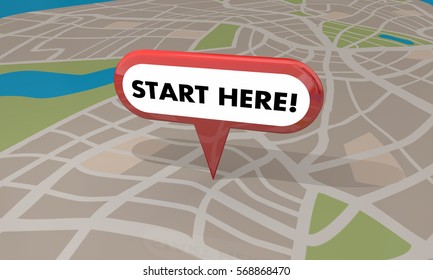 Start Here Pin Map Begin Spot Point 3d Illustration