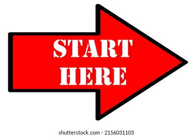 Start Here. Red Arrow. Right Pointing Red Arrow With A Black Outline. Isolated On White. Room For Text. Clipping Path. Start Here Arrow Pointing Right.