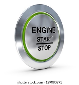 Start And Stop Keyless Ignition Button Over White Background With Green Light, Engine Starter Concept.