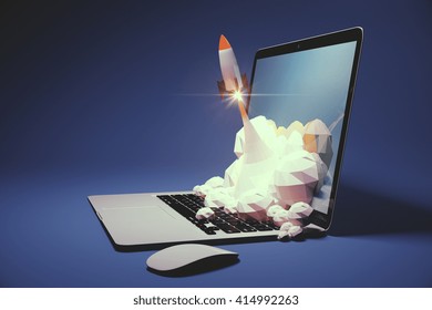 Startup concept with rocket flying out of laptop screen on blue background. Sideview, 3D Rendering