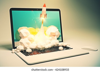 Startup Concept With Rocket Flying Out Of Laptop Screen On Grey Background. Sideview, 3D Rendering