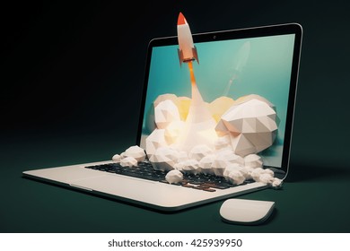 Startup concept with rocket flying out of laptop screen on black background. Sideview, 3D Rendering