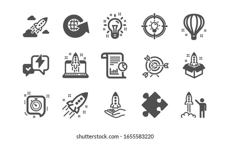 Startup icons. Launch Project, Business report and Target. Strategy classic icon set. Quality set.