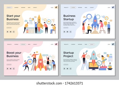 Startup landing pages. Web business sites design templates office managers director successful people launch startup symbols - Powered by Shutterstock