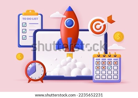 Startup launch concept 3D illustration. Starting new business, planning work tasks, deadline and time management, targeting and achieving success. Illustration for modern web banner design