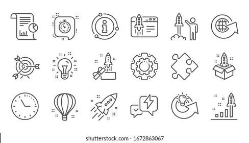 Startup line icons. Launch Project, Business report and Target. Strategy linear icon set. Quality line set.