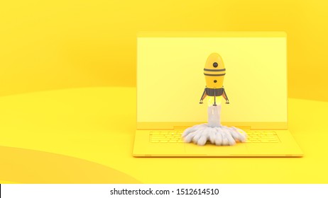 Startup and Minimal concept. rocket flying out of laptop on yellow background. 3D Render.
