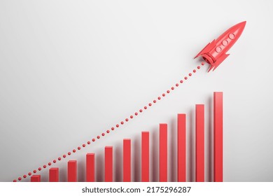 Startup And New Project Concept With Red Rocket Flying Up With Dotted Trajectory Above Rede Growth Graph On Light Background. 3D Rendering