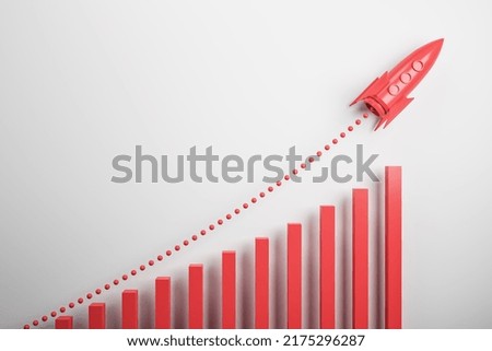 Startup and new project concept with red rocket flying up with dotted trajectory above rede growth graph on light background. 3D rendering