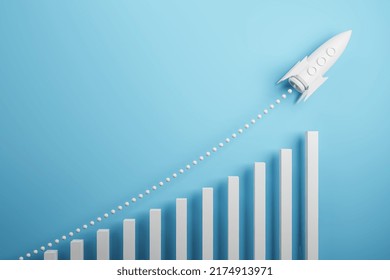 Startup And New Project Concept With White Rocket Flying Up With Dotted Trajectory Above Light Growth Graph On Blue Background. 3D Rendering