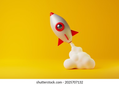 Startup of spaceship rocket isolated over yellow background. Business launch concept. 3D rendering.