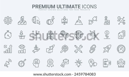 Startup technology, project development thin line icons set illustration. Outline success solution analysis, investment in creative idea, online product marketing and company organization