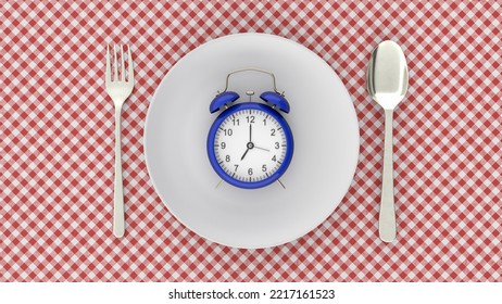 Starvation, Diet Concept. Food Restriction And Control Eating. Empty Plate Vs Alarm Clock. 3d Illustration