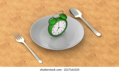 Starvation, Diet Concept. Food Restriction And Control Eating. Empty Plate Vs Alarm Clock. 3d Illustration