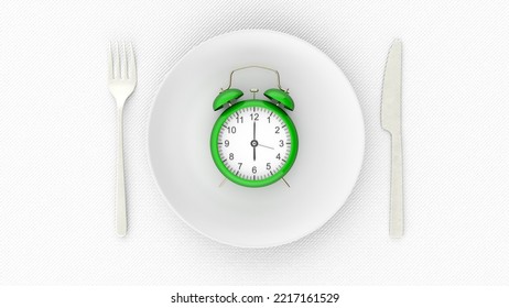 Starvation, Diet Concept. Food Restriction And Control Eating. Empty Plate Vs Alarm Clock. 3d Illustration