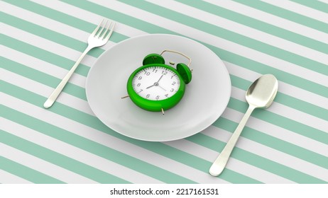 Starvation, Diet Concept. Food Restriction And Control Eating. Empty Plate Vs Alarm Clock. 3d Illustration