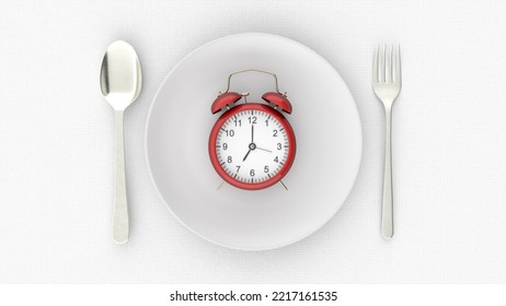 Starvation, Diet Concept. Food Restriction And Control Eating. Empty Plate Vs Alarm Clock. 3d Illustration