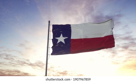 State flag of Texas waving in the wind. Dramatic sky background. 3d illustration.