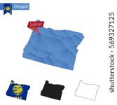 State of Oregon blue Low Poly map with capital Salem, versions with flag, black and outline.  Raster copy.