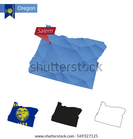 State of Oregon blue Low Poly map with capital Salem, versions with flag, black and outline.  Raster copy.