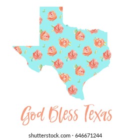 State Of Texas With Flowers And God Bless Texas Quote Art Print