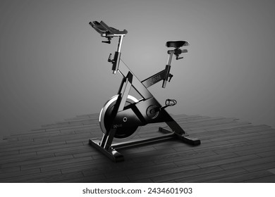 A state-of-the-art indoor cycling bike featuring a digital display, ergonomic design, and advanced features, positioned on a polished wooden floor for home fitness. - Powered by Shutterstock