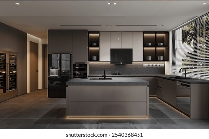 A state-of-the-art kitchen showcasing modern design with sleek cabinetry, integrated high-tech appliances, and a central island. ambient lighting and large windows enhance the minimalist aesthetic.