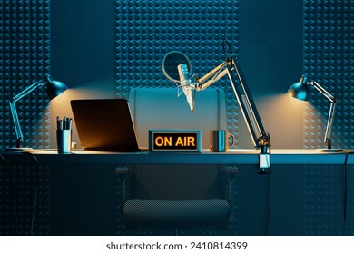 State-of-the-art podcasting setup featuring an illuminated ON AIR sign, professional microphone, advanced laptop, sound insulation panels, and stylish desk lighting for optimal audio recording. - Powered by Shutterstock