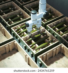 A state-of-the-art robotic arm systematically assorting cut bamboo pieces with exemplary precision in an industrial warehouse, demonstrating cutting-edge automation.