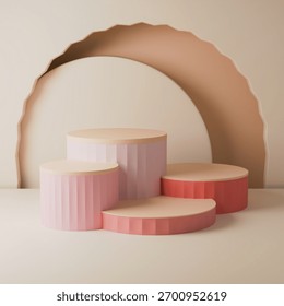  a static display of four pink cylindrical podiums and a large curved backdrop. 3D Illustration