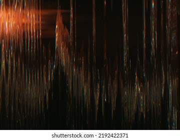 Static glitch noise. Distortion overlay. Old film photo editor layer. Orange color light flare fuzzy waves dust scratches texture on dark black illustration abstract background.