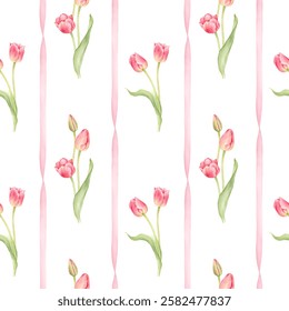 Static seamless pattern with tulips. Spring delicate pattern for fabric, wallpaper and holiday packaging. Watercolor illustration is hand drawn and isolated from the background