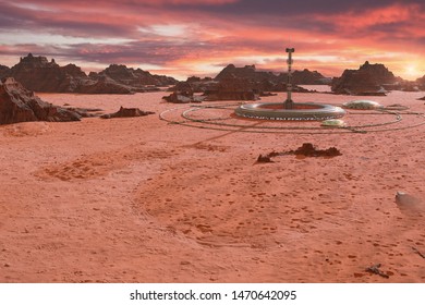 Station On The Surface Of Planet Mars, Habitat In Martian Desert (3d Science Illustration)
