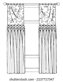 Stationary Pleated Draperies Connected With Rings Under Flat Flag Panels. 