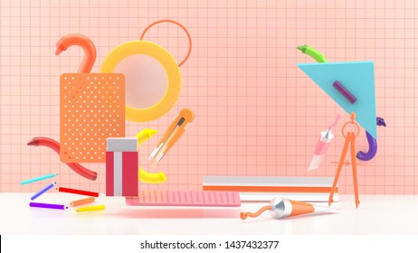 Stationery, cutters and geometric shapes on the pink cutting pad.-3d rendering.
 - Powered by Shutterstock