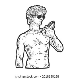 Statue Of David With Hot Dog Sketch Engraving Raster Illustration. T-shirt Apparel Print Design. Scratch Board Imitation. Black And White Hand Drawn Image.