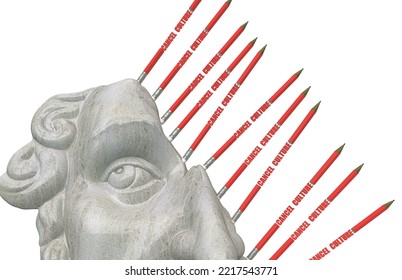 Statue Face Partially Erased By Pencils With Eraser, Metaphorically Represents Cancel Culture And Historical Revisionism, 3d Illustration, 3d Rendering