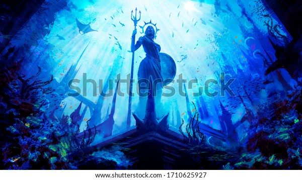 水王国の背景に 水中の都市に盾と三叉の女神が立ち 魚とサンゴに囲まれ ダイナミックな視点で描かれている のイラスト素材