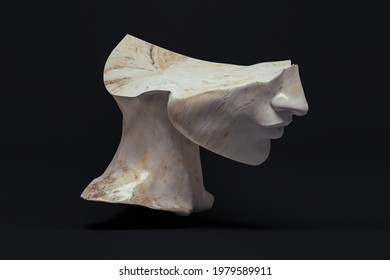 Statue Head Cut In Half With Marble Texture On Black Background; 3D; 3D Illustration