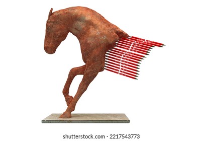 Statue Of Horse Partially Erased By Pencils With Eraser, Metaphorically Represents Cancel Culture And Historical Revisionism, 3d Illustration, 3d Rendering