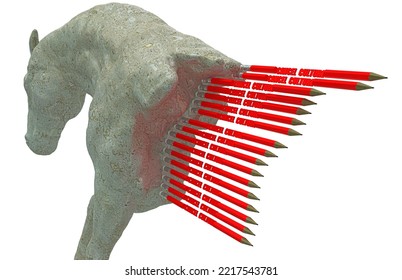 Statue Of Horse Partially Erased By Pencils With Eraser, Metaphorically Represents Cancel Culture And Historical Revisionism, 3d Illustration, 3d Rendering