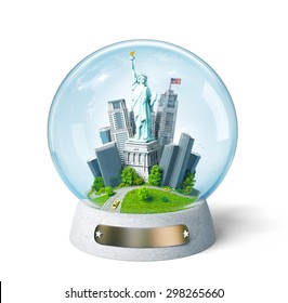 Statue of Liberty and buildings in the glass ball. Unusual travel illustration. USA