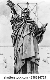 Statue Of Liberty. Construction Of The Statue Of Liberty On Bedloe's Island. Engraving Ca. 1886