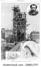 Statue Of Liberty. Construction Of The Statue Of Liberty, Showing The Statue In Scaffolding, Man With Flame, Man With Foot, And Head-and-shoulders Portrait Of Frederic Bartholdi. Engraving Ca. 1884