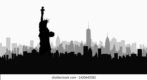 Statue Of Liberty & Morning New York Skyline  