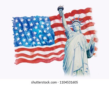 Statue Liberty on flag american- hand drawn in white background. Watercolor painting of symbol famous landmarks of world, business city, Hand painted illustration, copy space