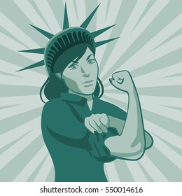 The Statue Of Liberty As Rosie The Riveter. The Statue Rolls Up Her Sleeve In A Classic Rosie Pose. 