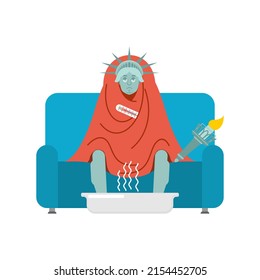 Statue of Liberty sick sitting in armchair wrapped in blanket. United States landmark illness sneezing. Unhappy Woman having flu sitting on sofa. USA symbol  illustration