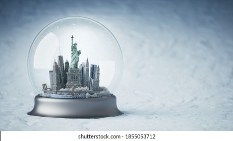 Statue Of Liberty In The Snow Globe Glass Ball. New York City Snow Globe. 3d Illustration