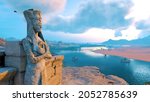 Statue of Nefertiti guarding the dunes and floods of the Nile, in twilight, 3D illustration